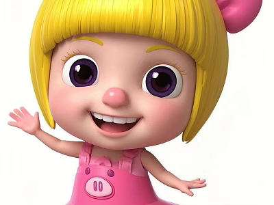Cartoon Female Character With Blonde Short Hair Pink Bow And Pink Overalls Smiling Waving Hand 3d model