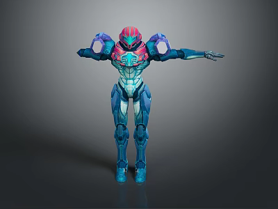 Futuristic Game Movie Character in Blue Red Armor with Outstretched Arms and Glowing Details 3d model