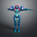 Futuristic Game Movie Character in Blue Red Armor with Outstretched Arms and Glowing Details