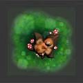 Cute Cartoon Fox Sitting On Tree Stump With Red Mushrooms And Green Grass