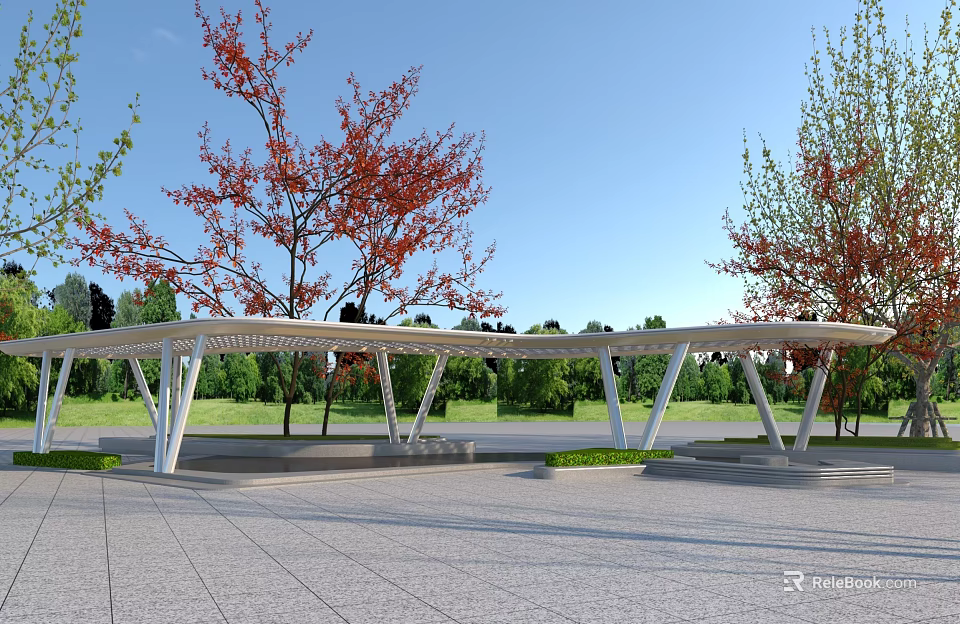 Modern Outdoor Pergola Structure With White Frame And Red Leaf Trees 3d model