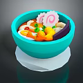 Vibrant Seafood Noodle Soup in Turquoise Bowl with Shrimp Scallop Vegetables and White Base
