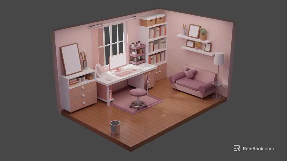 Cartoon Style Pink Room Scene With Dressing Table Bookshelf Sofa And Decorative Elements 3d model 
