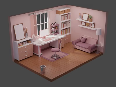 Cartoon Style Pink Room Scene With Dressing Table Bookshelf Sofa And Decorative Elements 3d model