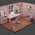 Cartoon Style Pink Room Scene With Dressing Table Bookshelf Sofa And Decorative Elements 3d model