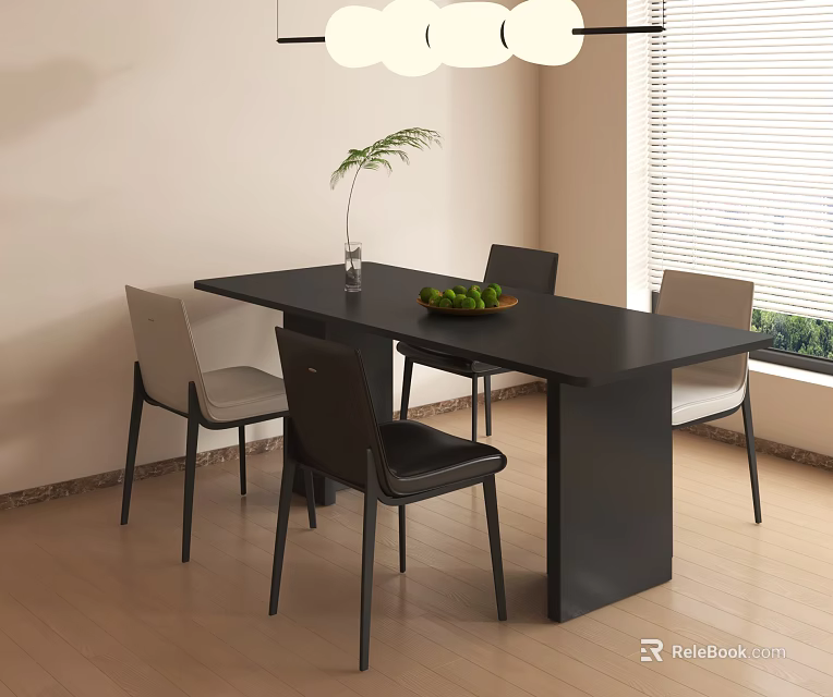 Modern Black Rectangular Dining Table Set with Mixed Color Chairs Vase and Fruit Bowl 3d model 