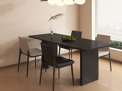 Modern Black Rectangular Dining Table Set with Mixed Color Chairs Vase and Fruit Bowl 3d model