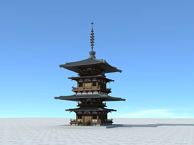 Traditional Wooden Pagoda With Multi tiered Structure And Spire Against Blue Sky 3d model