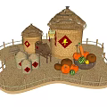 Traditional Harvest Scene With Straw Roof Barns Grain Bags Pumpkins Watermelon And Wooden Fence