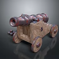 Vintage Historical Weapon Cannon With Rusty Metal Barrel Wooden Carriage And Cannonballs