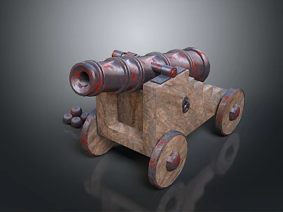 Vintage Historical Weapon Cannon With Rusty Metal Barrel Wooden Carriage And Cannonballs 3d model