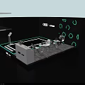 Audi Exhibition Booth With Black Background Hexagon Patterns White Reception Desk Green Plant And Chairs