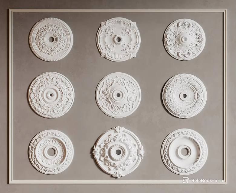 Decorative White Ceiling Medallions With Various Intricate Patterns On Gray Background 3d model