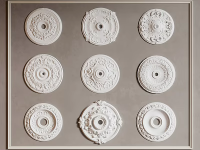 Decorative White Ceiling Medallions With Various Intricate Patterns On Gray Background 3d model