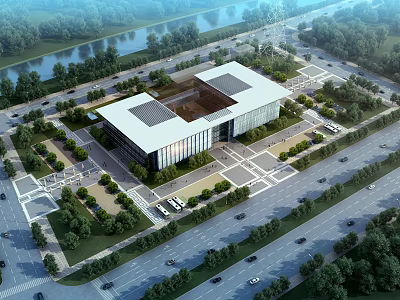 Modern Architectural Building Aerial View With Surrounding Roads Greenery And River 3d model
