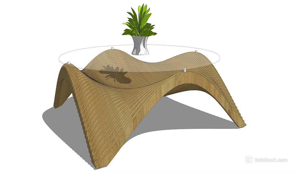 Wooden Wave Shaped Coffee Table With Transparent Tabletop And White Vase Green Plant 3d model 