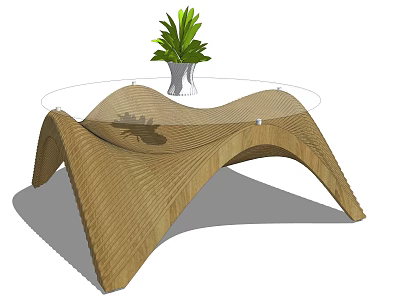 Wooden Wave Shaped Coffee Table With Transparent Tabletop And White Vase Green Plant 3d model