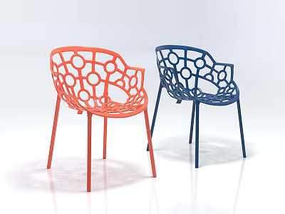 Modern Single Chair In Orange And Blue With Hollow Circular Patterns And Slender Legs 3d model