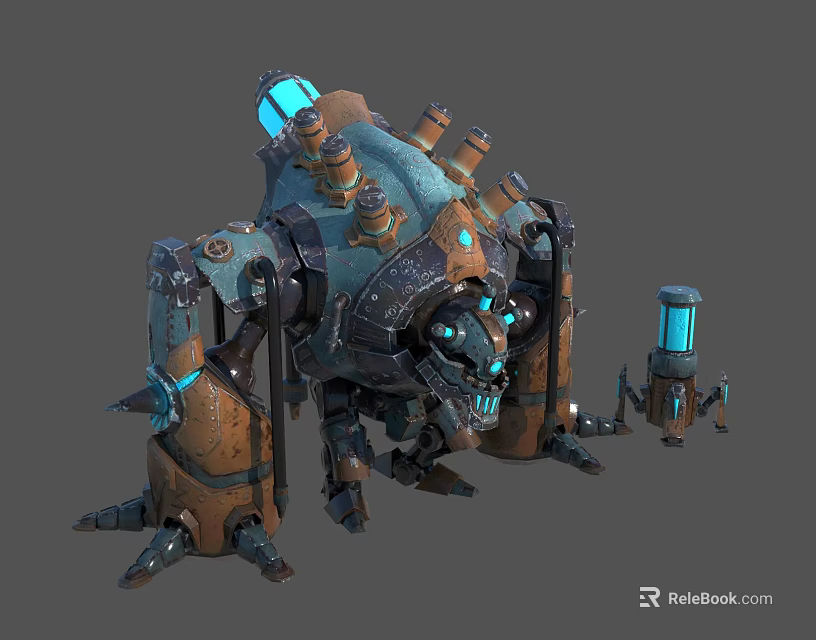 Mechanical Creature Design with Large Main Body and Smaller Auxiliary Machine Featuring Blue Glowing Parts 3d model 
