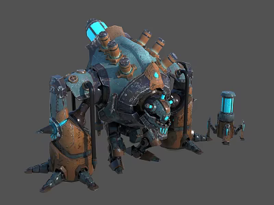 Mechanical Creature Design with Large Main Body and Smaller Auxiliary Machine Featuring Blue Glowing Parts 3d model