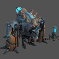 Mechanical Creature Design with Large Main Body and Smaller Auxiliary Machine Featuring Blue Glowing Parts
