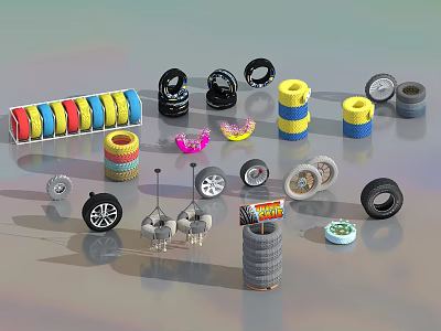 Colorful Patterned Tyres Stacked With Various Sizes And Accessories On 3d model
