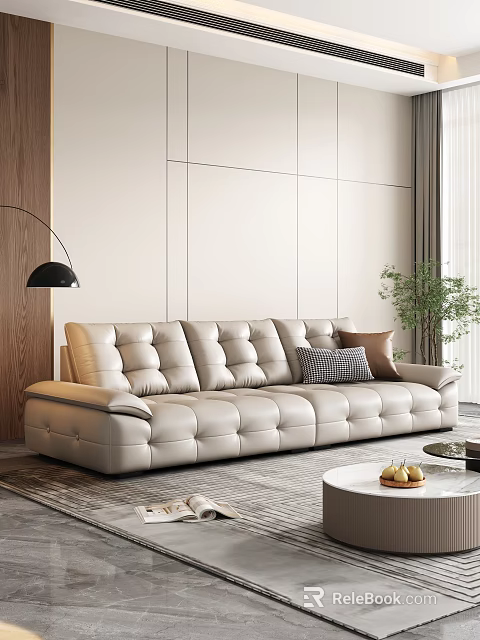 Modern Plush Beige Leather Sofa and Round Coffee Table Set with Cushions Wooden Accent Wall 3d model 