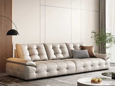 Modern Plush Beige Leather Sofa and Round Coffee Table Set with Cushions Wooden Accent Wall 3d model