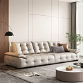 Modern Plush Beige Leather Sofa and Round Coffee Table Set with Cushions Wooden Accent Wall