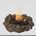 Outdoor Stone Fire Pit With Bright Flames And Burning Wood Logs