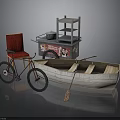 Vintage Red Chair Bicycle Wooden Boat And Cart With Shelves Scene