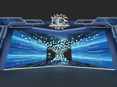 Futuristic Entrance Gate With Blue Tech Inspired Illuminated Lines Dynamic Light Spots And Logo 3d model