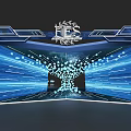 Futuristic Entrance Gate With Blue Tech Inspired Illuminated Lines Dynamic Light Spots And Logo