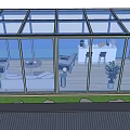 Stylish Garden Glasshouse With Glass Walls And Wooden Deck Featuring Indoor Plants And Cozy Furniture