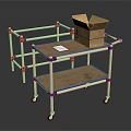 Mobile Wheeled Shelf Cart with Metal Frame and Wooden Shelves Holding Cardboard Box and Tablet
