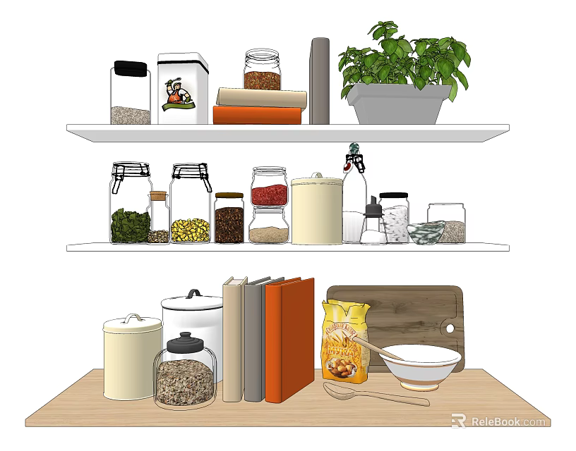 Organized Kitchen Shelves With Storage Jars Spices Herbs And Cooking Tools 3d model