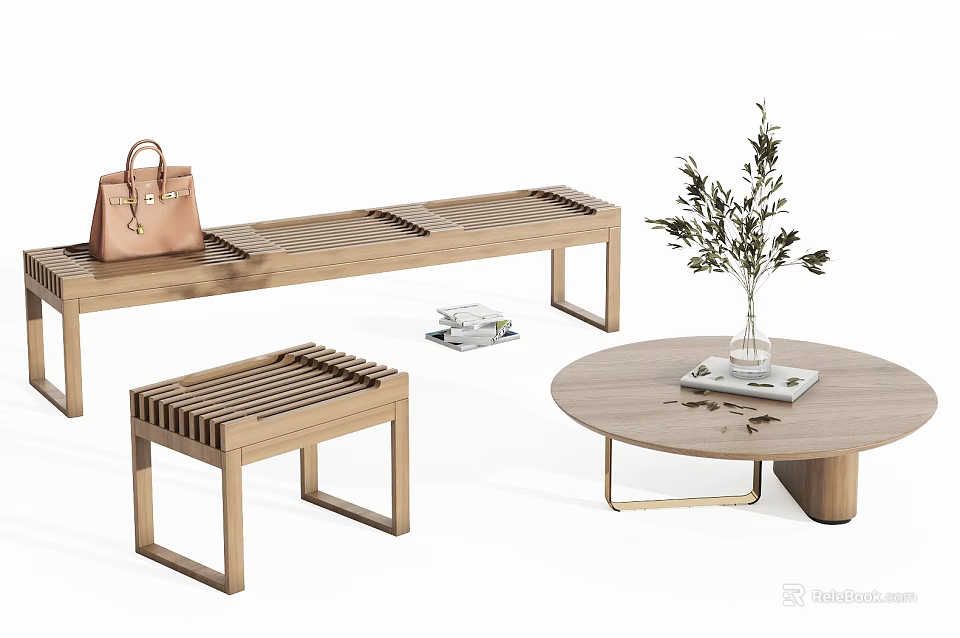 Wooden Stool And Bench With Round Table Vase Plants Handbag And Books 3d model 