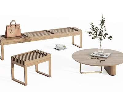 Wooden Stool And Bench With Round Table Vase Plants Handbag And Books 3d model