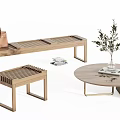 Wooden Stool And Bench With Round Table Vase Plants Handbag And Books