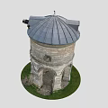 Ancient Architecture Tower With Gray Roof Stone Walls Arched Doorways And Grass