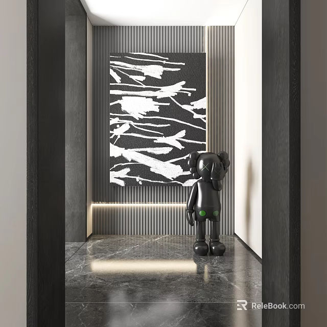 Modern Space With Black Cartoon Style Sculpture And Artwork 3d model 
