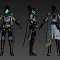 Man In Sleeveless Top With Blue Scarf Golden Shoulder Armor And Black Wrist Guards