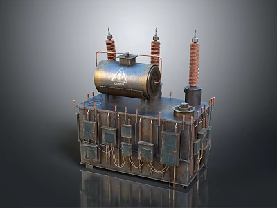 Industrial Power Transformer With Metal Enclosure Three Insulating Bushings And Control Panels 3d model