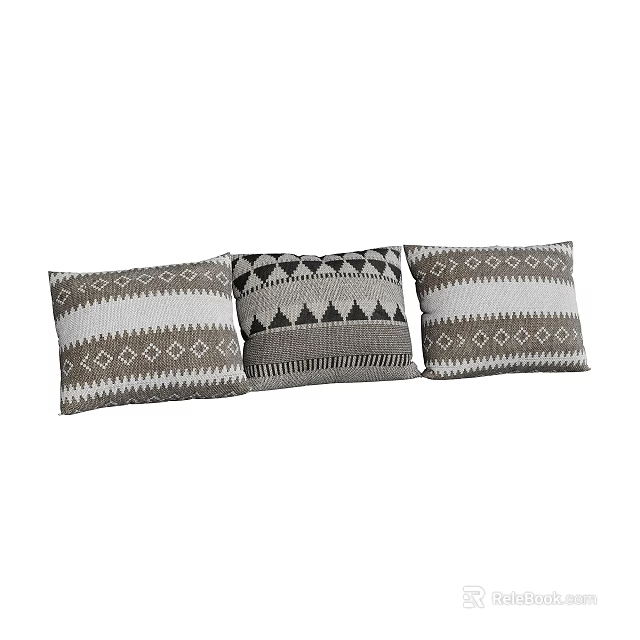Three Modern Geometric Throw Pillows With Gray White Black Patterned Design 3d model 