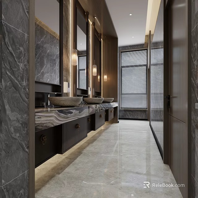 Modern Bathroom Interior With Double Sinks Marble Walls And Large Window 3d model 