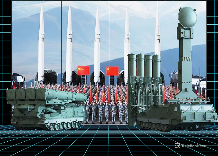 Functional Military Vehicles With Missile Launchers Radar Red Flags Soldiers And Mountains 3d model 