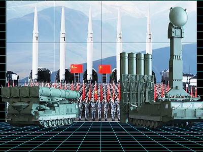 Functional Military Vehicles With Missile Launchers Radar Red Flags Soldiers And Mountains 3d model