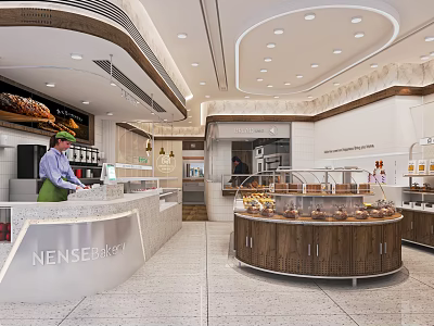 Nensee Bakery Interior Design With Round Pastry Display Case And Fresh Desserts Counter 3d model