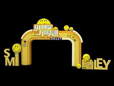 Yellow Arch Event Gateway Decorated With Smiley Faces And Smiley Logos 3d model