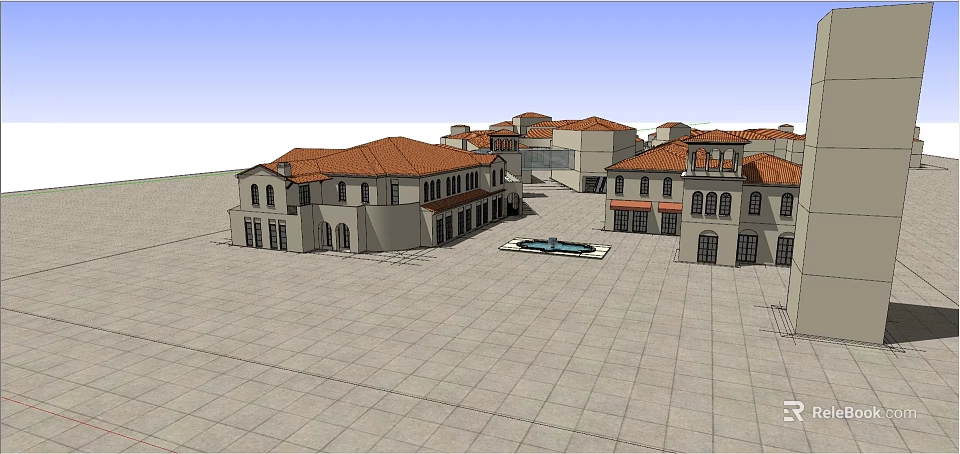 Mediterranean Style Commercial Street with Red Tiled Roofs Buildings Plaza Fountain and Stone Paved Ground 3d model 
